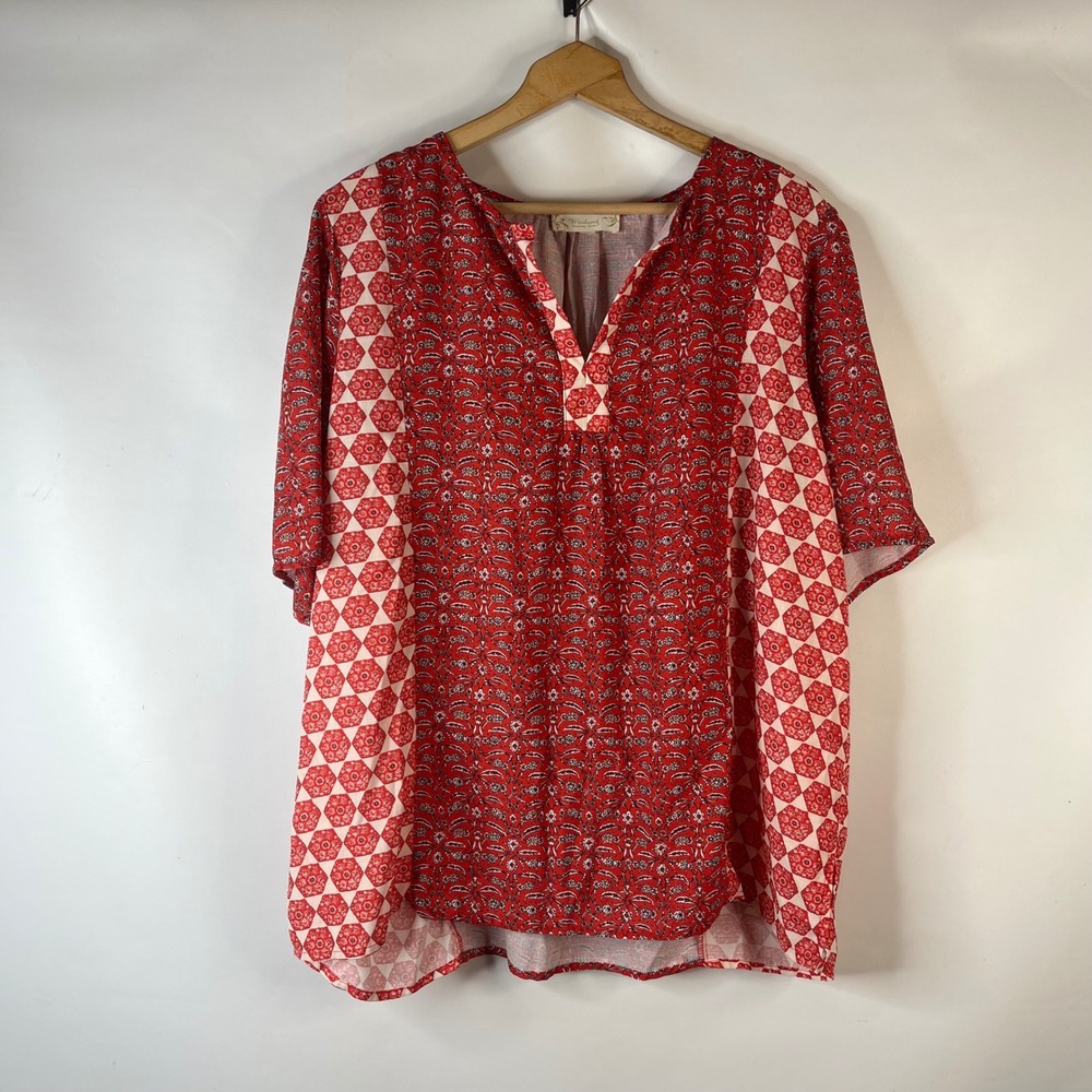 Weekend Suzanne Betro Blouse Womens 1X Red Mixed Print Boho Split Neck Top
